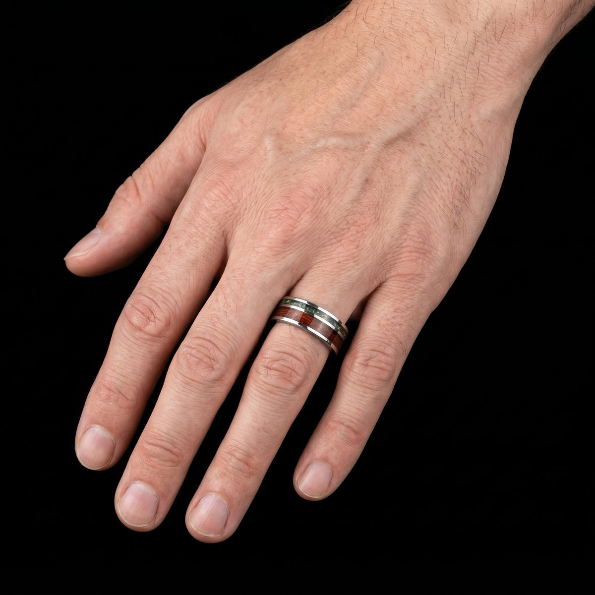 Men Silver Tungsten Carbide Ring with Moss Agate & Koa Wood ~ Anniversary Promise Gift for Him ~ Modern Burning Man Jewelry ~