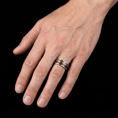 Men Silver Tungsten Carbide Ring with Moss Agate & Koa Wood ~ Anniversary Promise Gift for Him ~ Modern Burning Man Jewelry ~