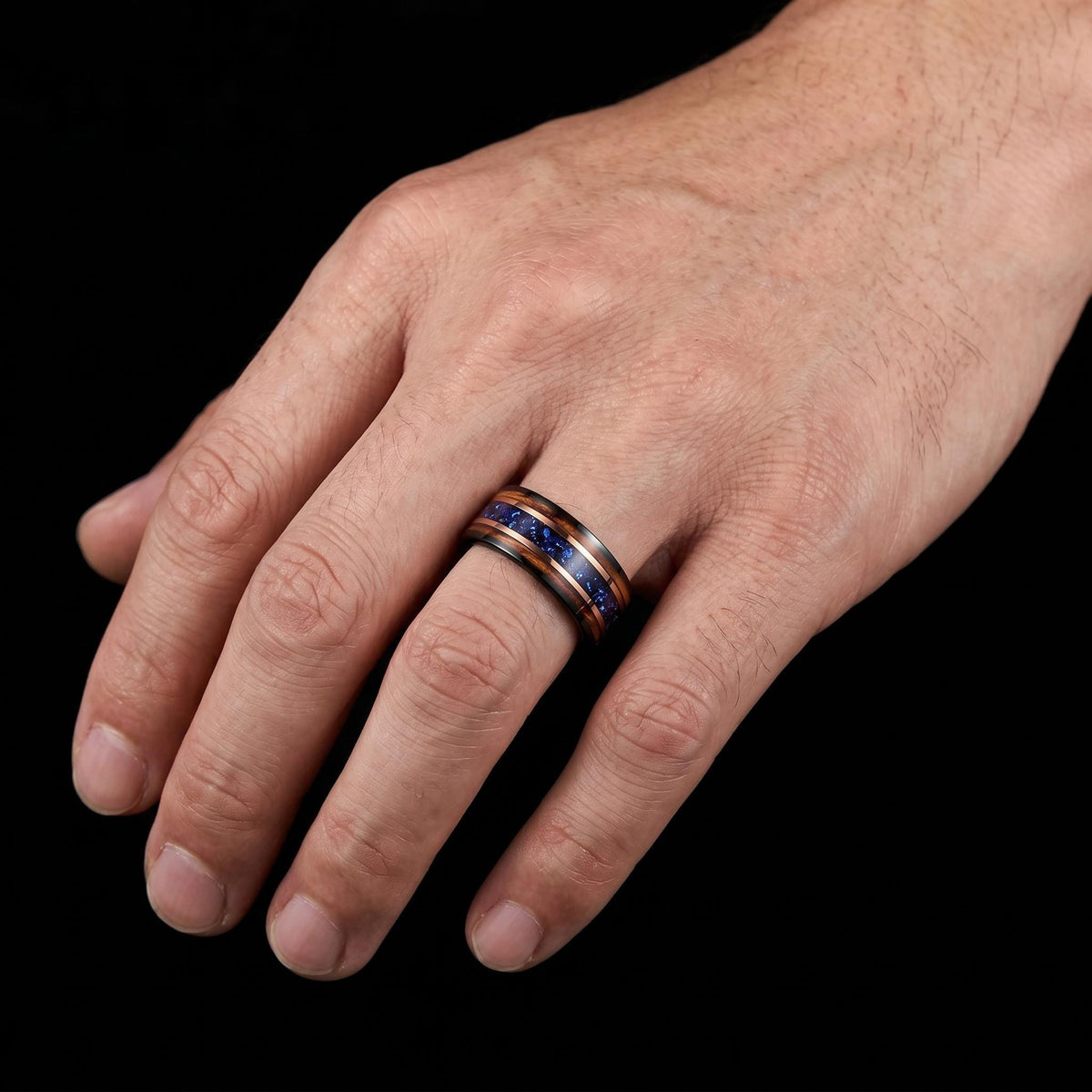 Sapphire Ring for Men with Charred Whiskey Barrel ~ Men Wedding Band ~ Sapphire Wood Inlay Jewelry ~ Men Wedding Ring ~ Sapph