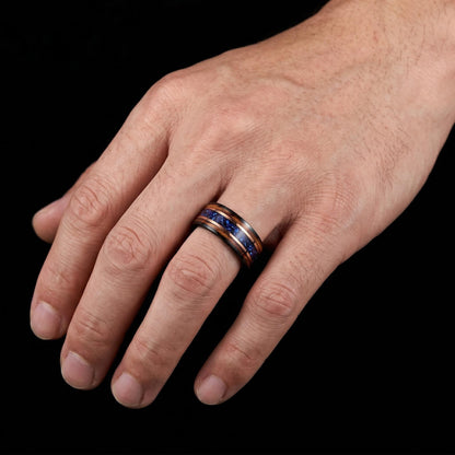 Sapphire Ring for Men with Charred Whiskey Barrel ~ Men Wedding Band ~ Sapphire Wood Inlay Jewelry ~ Men Wedding Ring ~ Sapph