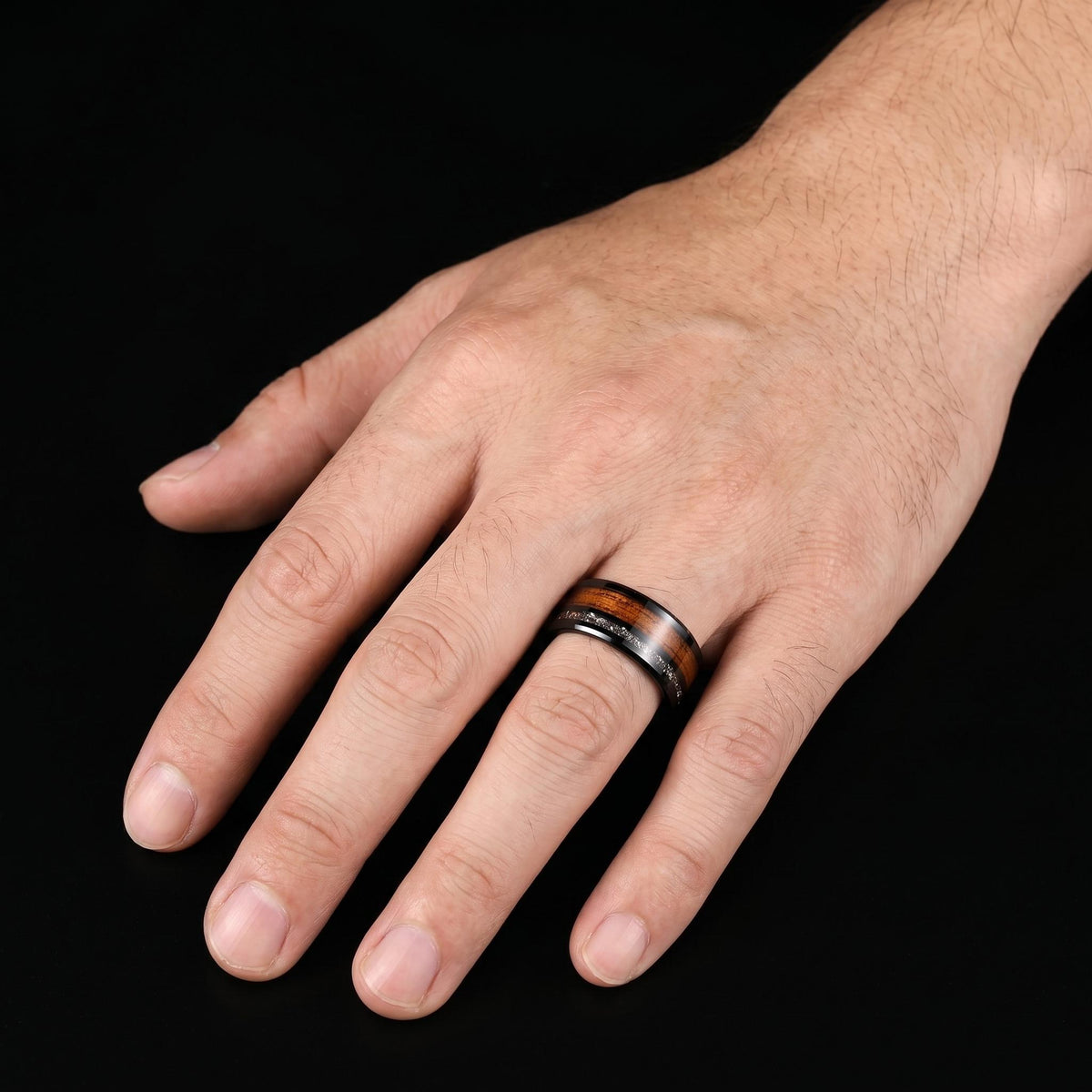 Men Black Tungsten Carbide Ring with Meteorite & Koa Wood ~ Modern Nature Groom Wedding Band ~ Earthy Wedding Anniversary Gif
