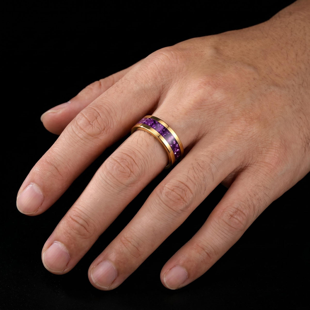 Gold Tungsten Carbide Ring with Amethyst | 4mm, 8mm Thin / Thick Wedding Band | Unisex Anniversary Promise Gift for Her or Hi