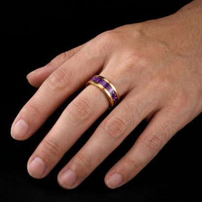 Gold Tungsten Carbide Ring with Amethyst | 4mm, 8mm Thin / Thick Wedding Band | Unisex Anniversary Promise Gift for Her or Hi