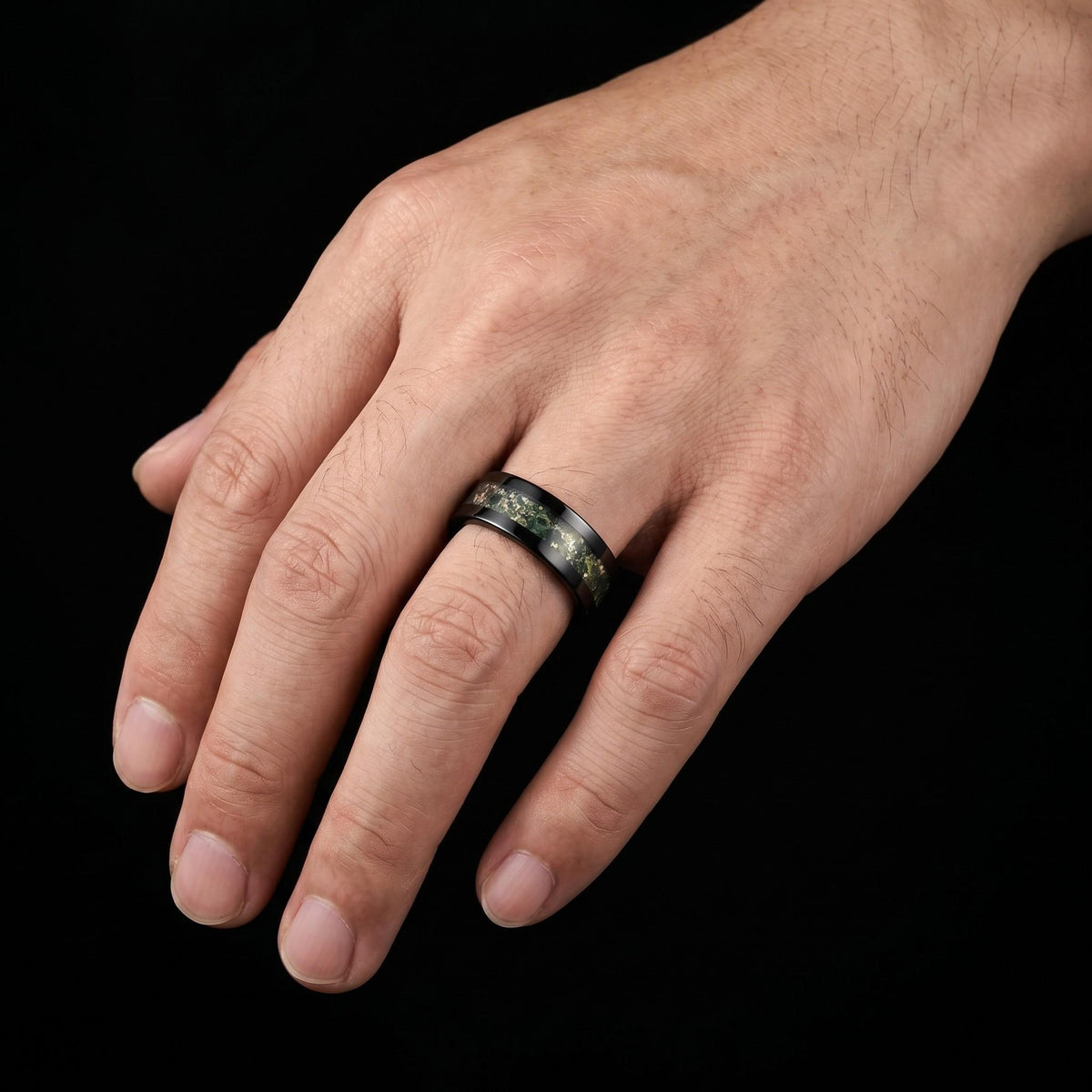 Moss Agate Ring, Black Tungsten Ring, Black Wedding Ring, Mens Wedding Band, Womens Ring, Anniversary Ring, Engagement Ring, 