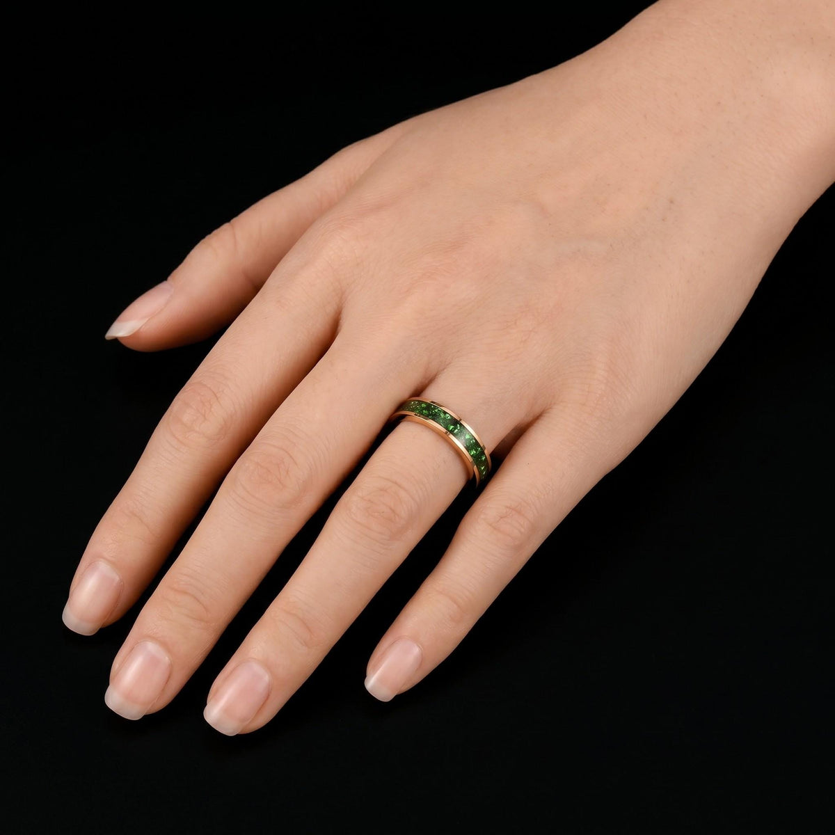 Gold Tungsten Emerald Ring with Deep Green Stone | Polished Minimalist Wedding Band ~ Luxury Promise Ring or Emerald Birthday
