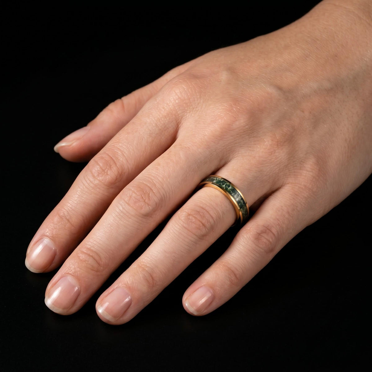 Moss Agate Ring, Gold Tungsten Ring, Gold Wedding Ring, Mens Wedding Band, Womens Ring, Anniversary Ring, Engagement Ring, 8m