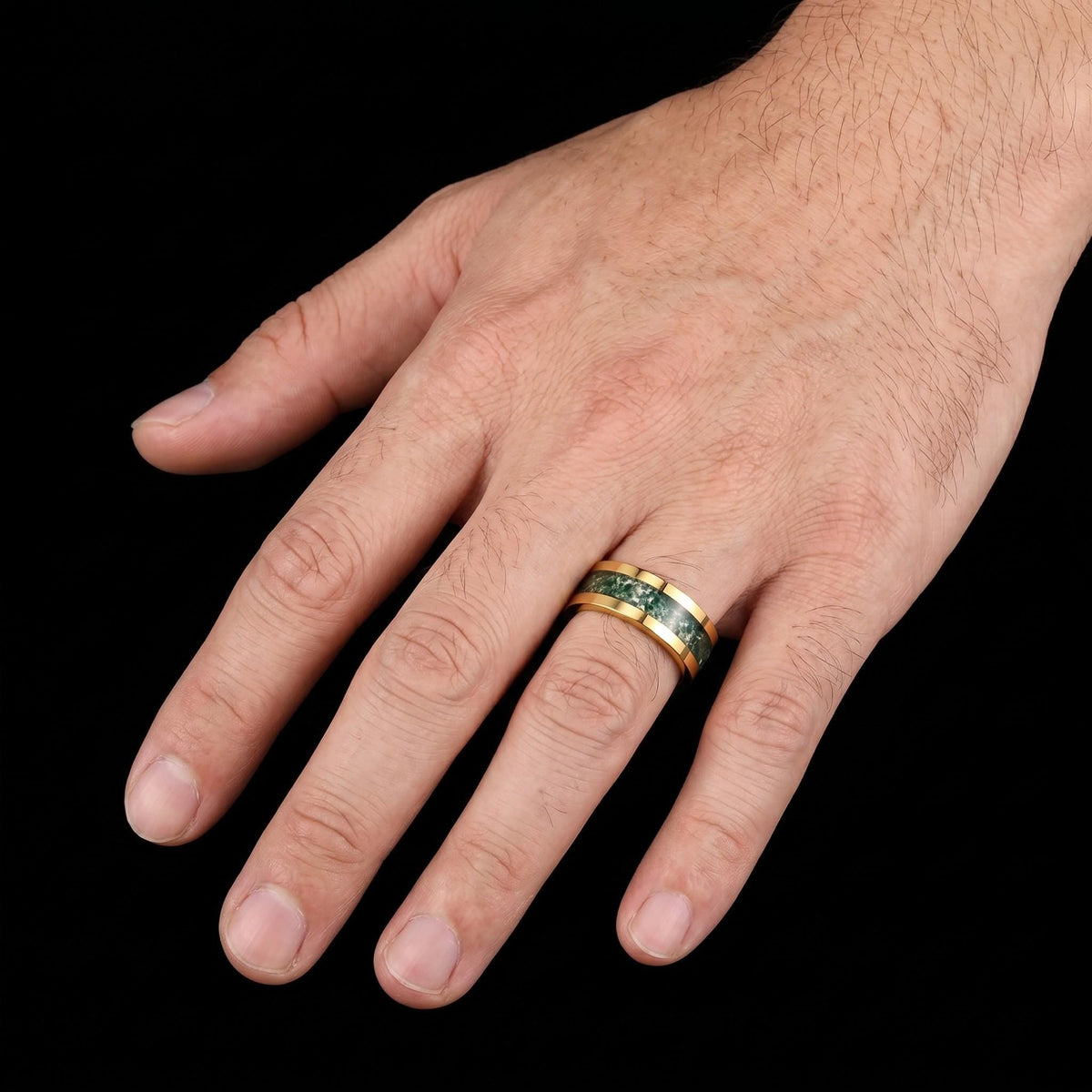 Moss Agate Ring, Gold Tungsten Ring, Gold Wedding Ring, Mens Wedding Band, Womens Ring, Anniversary Ring, Engagement Ring, 8m