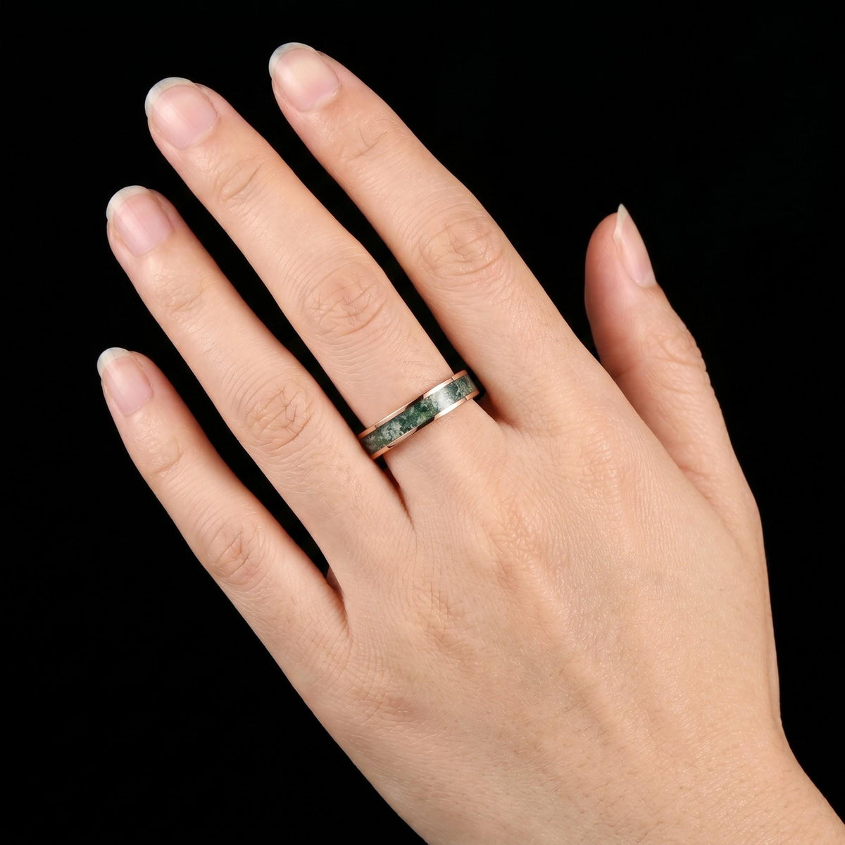 Moss Agate Ring, Rose Gold Tungsten Ring, Rose Gold Wedding Ring, Mens Wedding Band, Womens Ring, Anniversary Ring, Engagemen