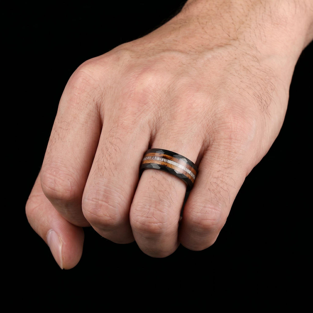 Charred whiskey barrel ring with antler, antler ring, hammered tungsten ring, hammered black ring, black tungsten ring, black