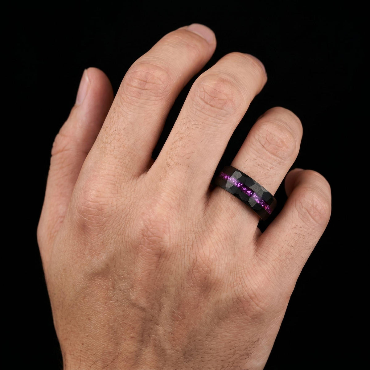 Mens Amethyst Ring ~ Hammered Wedding Bad ~ Unique Promise Ring ~ Elegant Amethyst Jewelry for Engagement, Wedding or Anniver