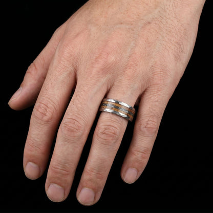 Charred Whiskey Barrel & Meteorite Ring, Hammered Silver Tungsten Ring, Silver Wedding Ring, Mens Wedding Band, Mens Ring, An