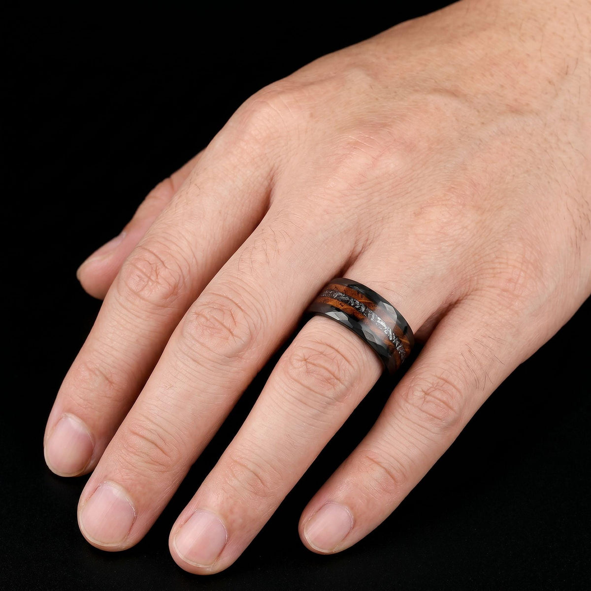 Charred Whiskey Barrel & Meteorite Ring, Hammered Black Tungsten Ring, Black Wedding Ring, Mens Wedding Band, Mens Ring, Anni