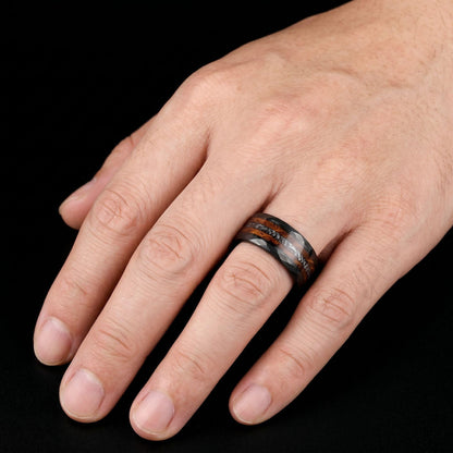 Charred Whiskey Barrel & Meteorite Ring, Hammered Black Tungsten Ring, Black Wedding Ring, Mens Wedding Band, Mens Ring, Anni