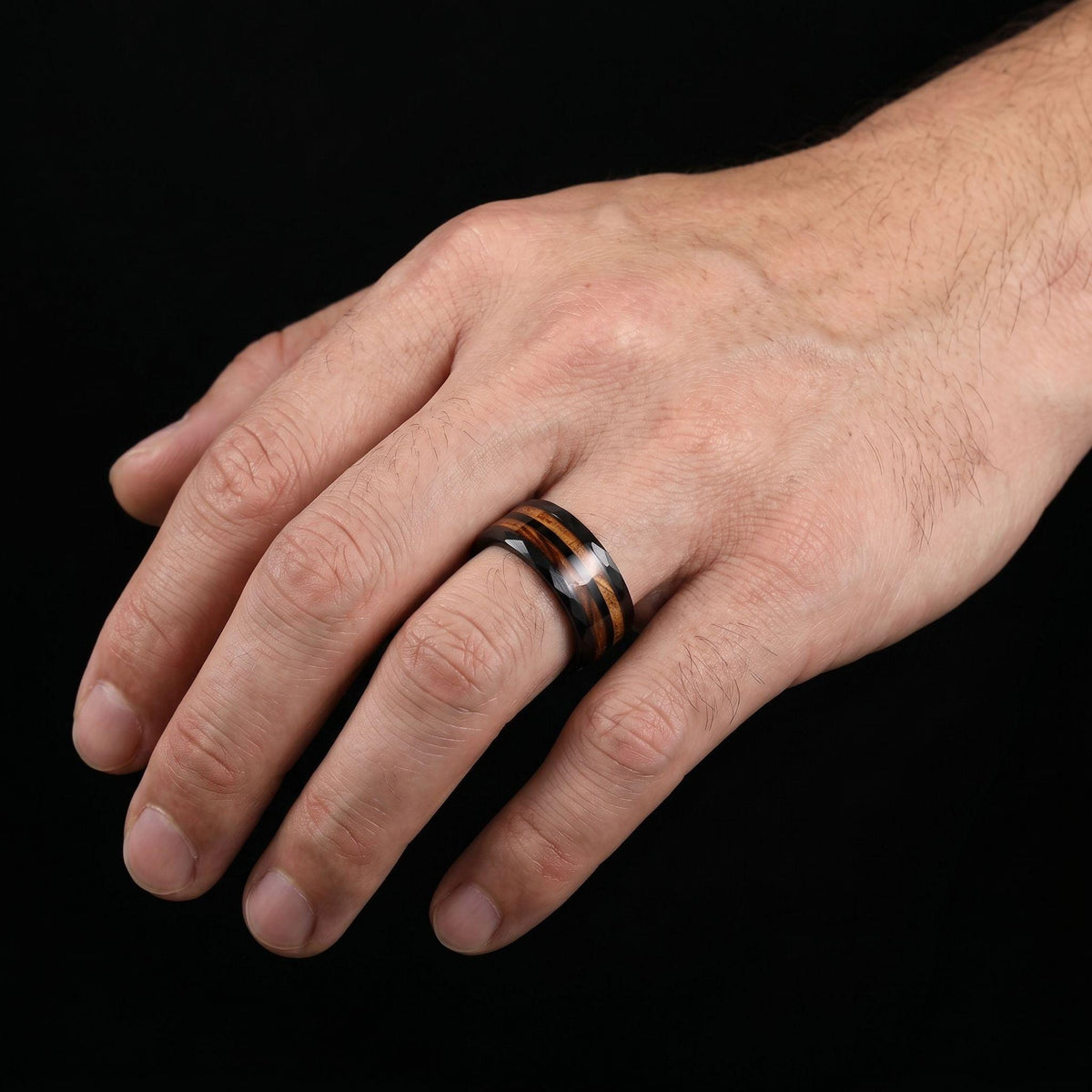 Hammered Tungsten Ring with Charred Whiskey Barrel Wood Guitar String Inlay | Durable Handmade Men Wedding Band ~ Music Lover
