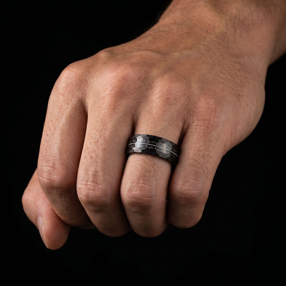 Men Black Hammered Tungsten Carbide Ring with Meteorite & Guitar String | 8mm Wedding Band for Musician | Anniversary Engagem