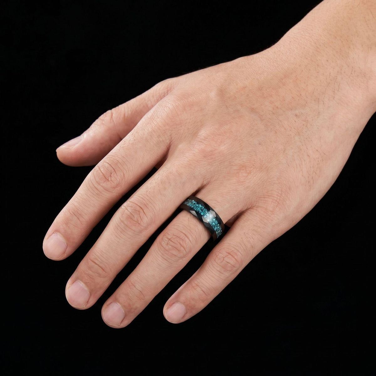 Black Tungsten Carbide Ring with Aquamarine - Hammered Aquamarine Jewelry ~ Aquamarine Wedding Band ~ Cool Festival Jewelry f