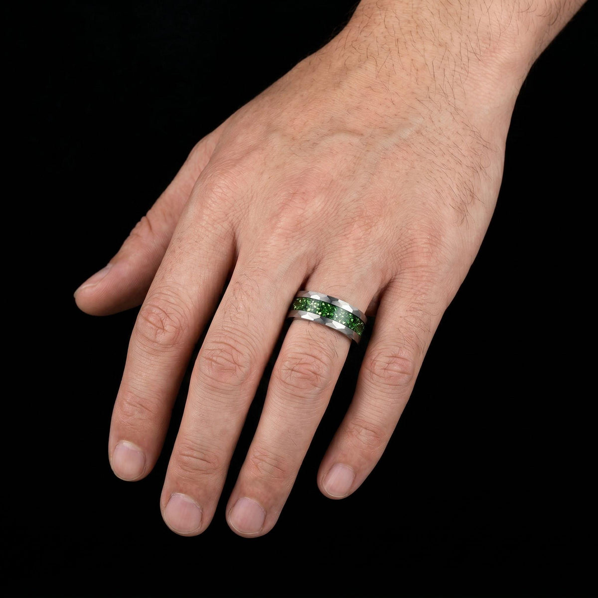 Emerald ring, hammered silver tungsten ring, mens wedding band, womens wedding ring, anniversary gift, comfort fit, 4mm ring,