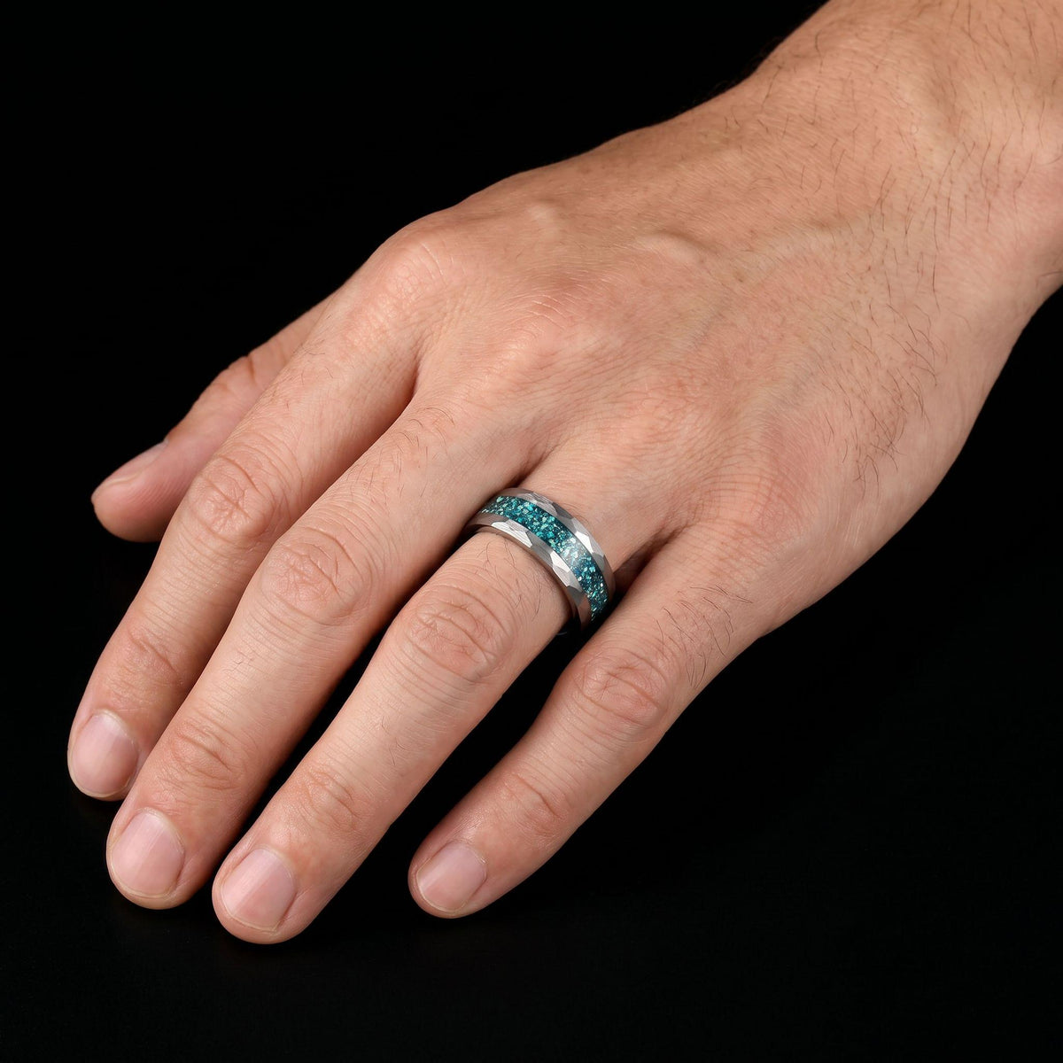 Hammered Brushed Silver Tungsten Ring with Aquamarine | Unisex Blue Gemstone Wedding Band ~ Durable Anniversary Jewelry for M
