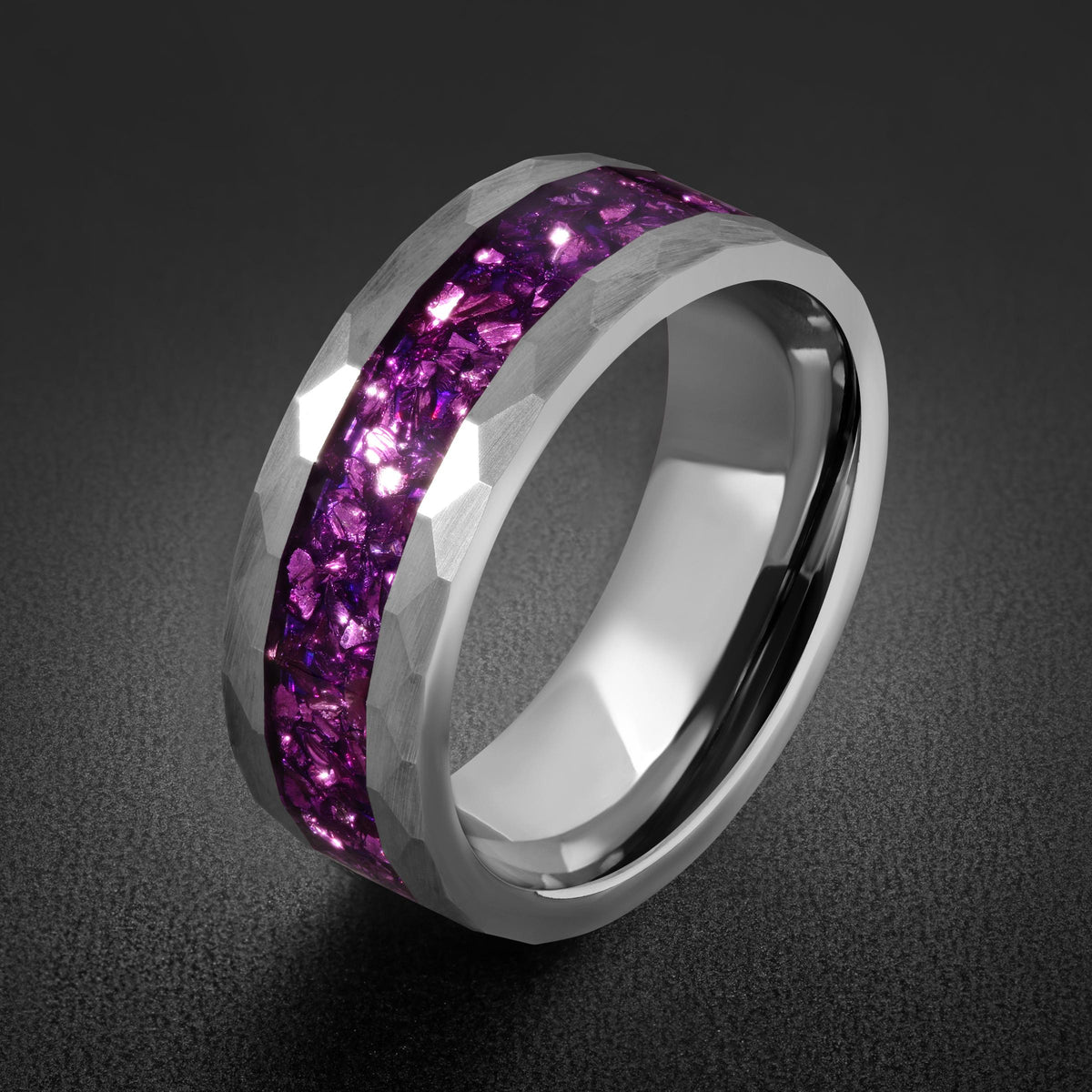 Amethyst Ring, Hammered Tungsten Ring, Hammered Silver Ring, Silver Tungsten Ring, Silver Wedding Ring, Anniversary Ring, Men