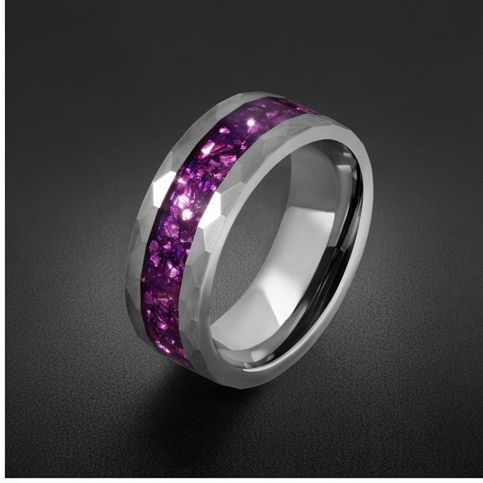 Amethyst Ring, Hammered Tungsten Ring, Hammered Silver Ring, Silver Tungsten Ring, Silver Wedding Ring, Anniversary Ring, Men
