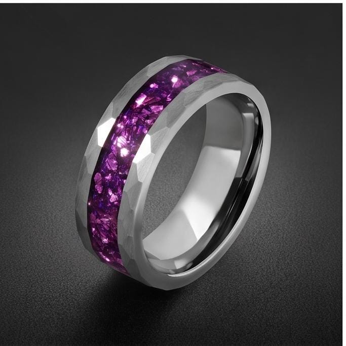 Amethyst Ring, Hammered Tungsten Ring, Hammered Silver Ring, Silver Tungsten Ring, Silver Wedding Ring, Mens Wedding Band, An