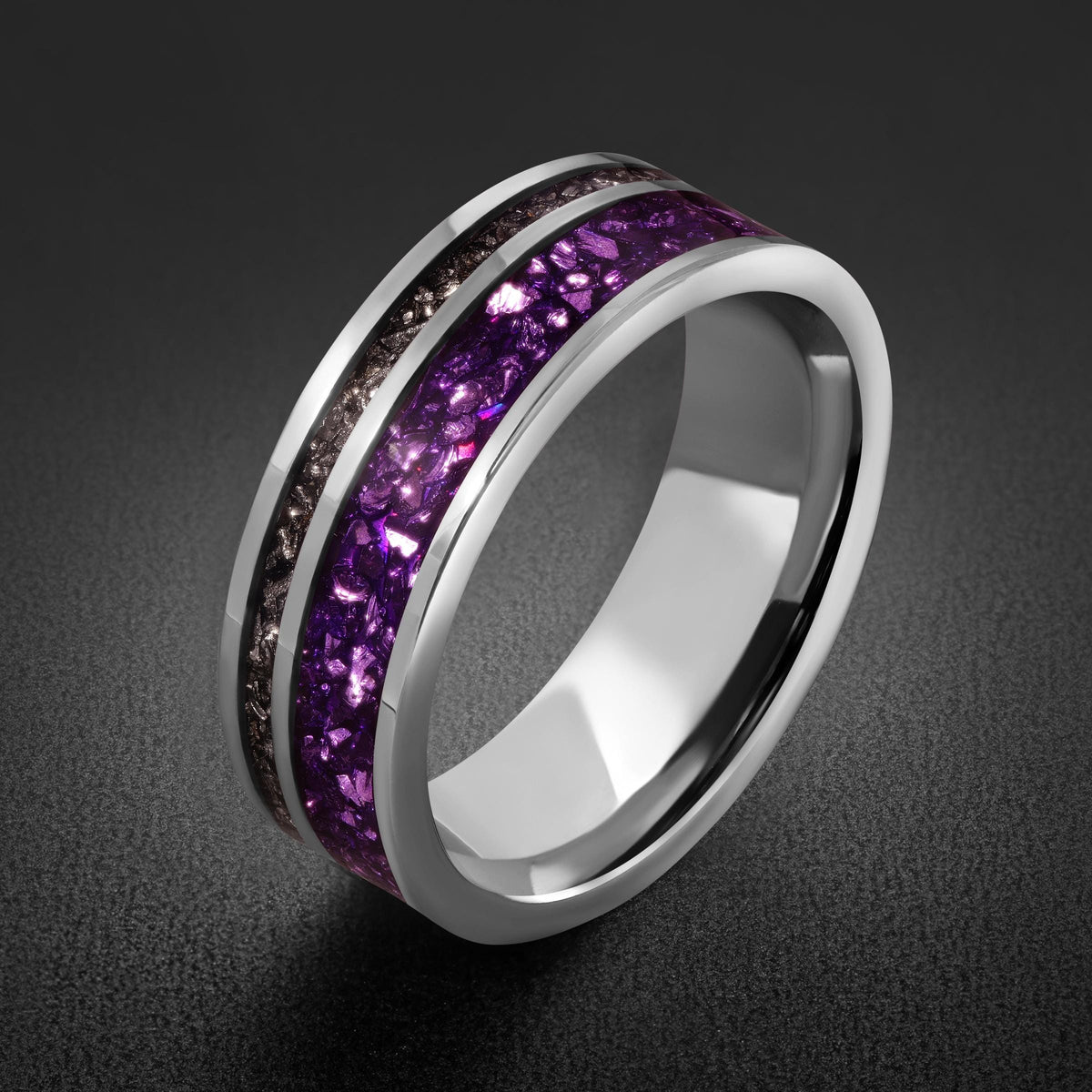 Tungsten Amethyst Meteorite Mens Ring ~ 8mm Silver Wedding Band ~ Purple Gem Ring for Him Anniversary Gift ~ Tungsten Men Pro