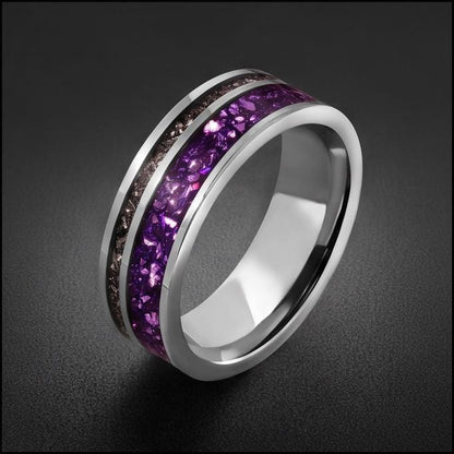 Tungsten Amethyst Meteorite Mens Ring ~ 8mm Silver Wedding Band ~ Purple Gem Ring for Him Anniversary Gift ~ Tungsten Men Pro