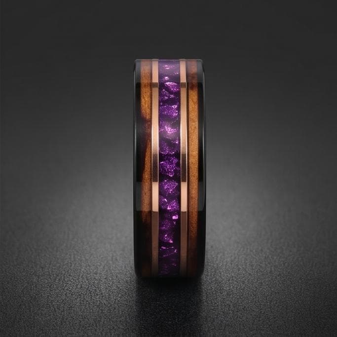 Black Amethyst Ring with Charred Whiskey Barrel ~ Rose Gold Strip Wedding Band ~ Nature Inspired Ring ~ Amethyst Wedding Band