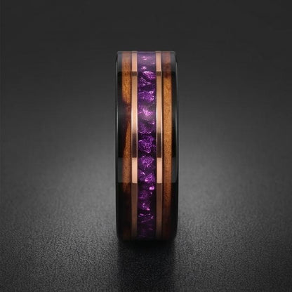 Black Amethyst Ring with Charred Whiskey Barrel ~ Rose Gold Strip Wedding Band ~ Nature Inspired Ring ~ Amethyst Wedding Band