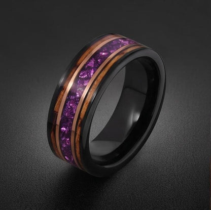 Black Amethyst Ring with Charred Whiskey Barrel ~ Rose Gold Strip Wedding Band ~ Nature Inspired Ring ~ Amethyst Wedding Band