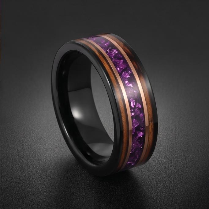 Black Amethyst Ring with Charred Whiskey Barrel ~ Rose Gold Strip Wedding Band ~ Nature Inspired Ring ~ Amethyst Wedding Band