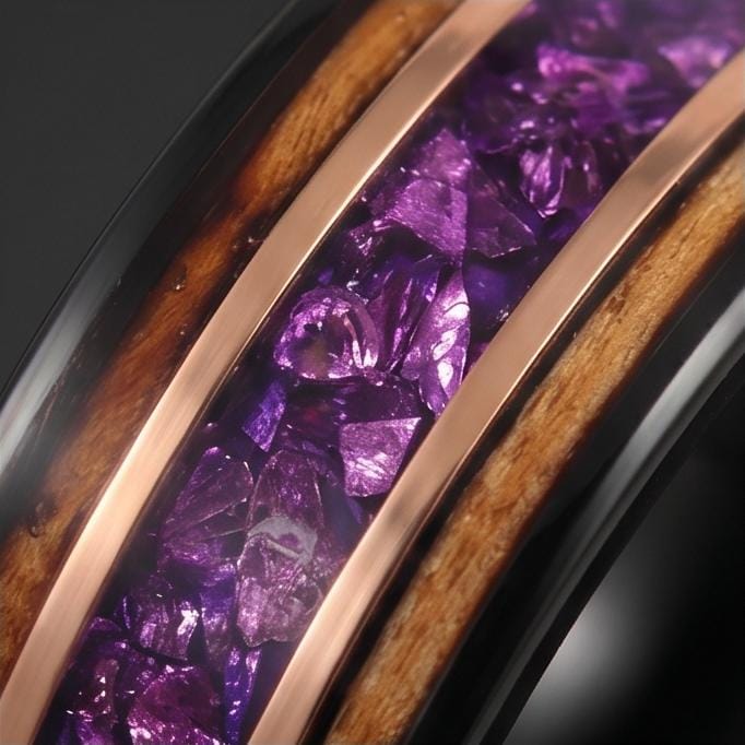 Black Amethyst Ring with Charred Whiskey Barrel ~ Rose Gold Strip Wedding Band ~ Nature Inspired Ring ~ Amethyst Wedding Band
