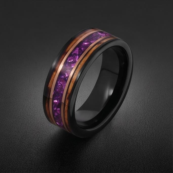 Black Amethyst Ring with Charred Whiskey Barrel ~ Rose Gold Strip Wedding Band ~ Nature Inspired Ring ~ Amethyst Wedding Band
