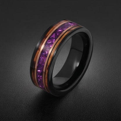 Black Amethyst Ring with Charred Whiskey Barrel ~ Rose Gold Strip Wedding Band ~ Nature Inspired Ring ~ Amethyst Wedding Band