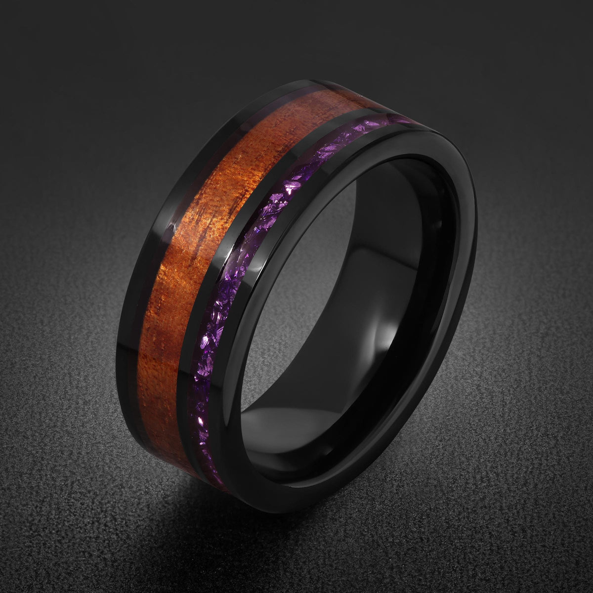 Black Tungsten Ring with Amethyst and Hawaiian Koa Wood Inlay (8mm Band) ~ Scratch Resistant Tungsten Carbide Ring ~ Unique B