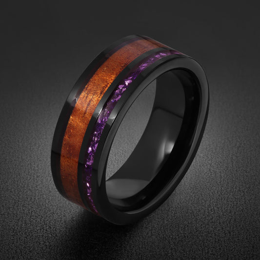Black Tungsten Ring with Amethyst and Hawaiian Koa Wood Inlay (8mm Band) ~ Scratch Resistant Tungsten Carbide Ring ~ Unique B