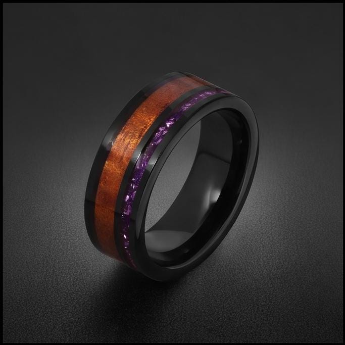 Black Tungsten Ring with Amethyst and Hawaiian Koa Wood Inlay (8mm Band) ~ Scratch Resistant Tungsten Carbide Ring ~ Unique B
