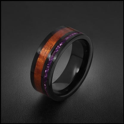 Black Tungsten Ring with Amethyst and Hawaiian Koa Wood Inlay (8mm Band) ~ Scratch Resistant Tungsten Carbide Ring ~ Unique B
