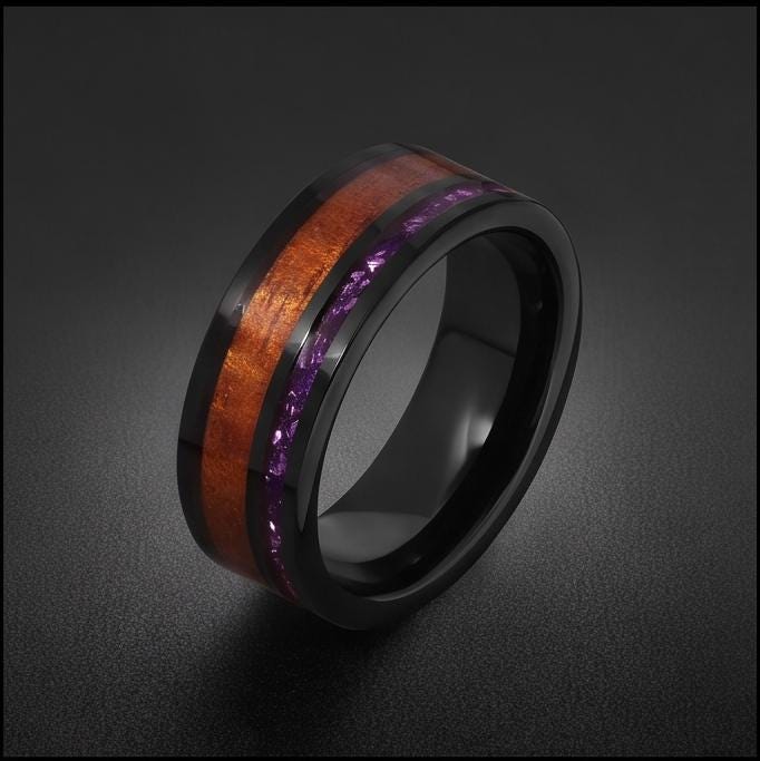 Black Tungsten Ring with Amethyst and Hawaiian Koa Wood Inlay (8mm Band) ~ Scratch Resistant Tungsten Carbide Ring ~ Unique B