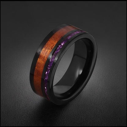 Black Tungsten Ring with Amethyst and Hawaiian Koa Wood Inlay (8mm Band) ~ Scratch Resistant Tungsten Carbide Ring ~ Unique B