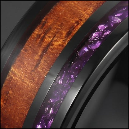 Black Tungsten Ring with Amethyst and Hawaiian Koa Wood Inlay (8mm Band) ~ Scratch Resistant Tungsten Carbide Ring ~ Unique B