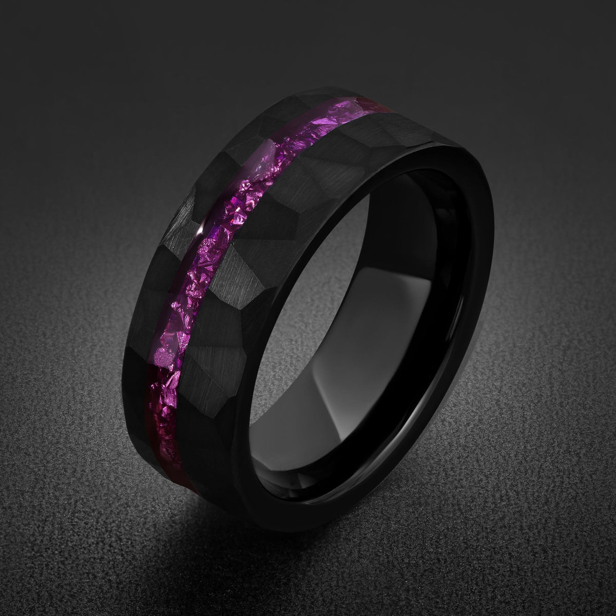 Mens Amethyst Ring ~ Hammered Wedding Bad ~ Unique Promise Ring ~ Elegant Amethyst Jewelry for Engagement, Wedding or Anniver