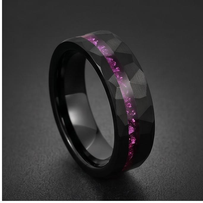 Mens Amethyst Ring ~ Hammered Wedding Bad ~ Unique Promise Ring ~ Elegant Amethyst Jewelry for Engagement, Wedding or Anniver