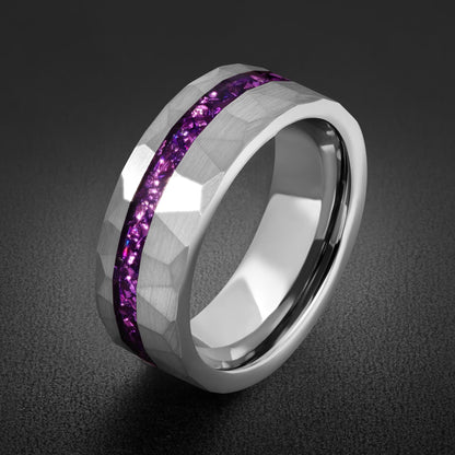 Men Silver and Purple Amethyst Ring ~ Hammered Tungsten Wedding Ring ~ Unisex Promise Ring ~ Men Wedding Band ~ Anniversary R