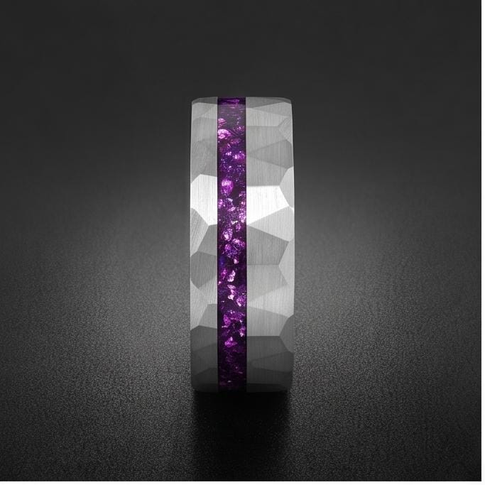 Men Silver and Purple Amethyst Ring ~ Hammered Tungsten Wedding Ring ~ Unisex Promise Ring ~ Men Wedding Band ~ Anniversary R