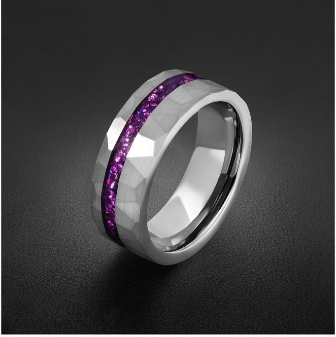 Men Silver and Purple Amethyst Ring ~ Hammered Tungsten Wedding Ring ~ Unisex Promise Ring ~ Men Wedding Band ~ Anniversary R