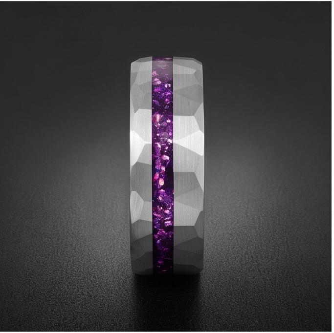 Men Silver and Purple Amethyst Ring ~ Hammered Tungsten Wedding Ring ~ Unisex Promise Ring ~ Men Wedding Band ~ Anniversary R