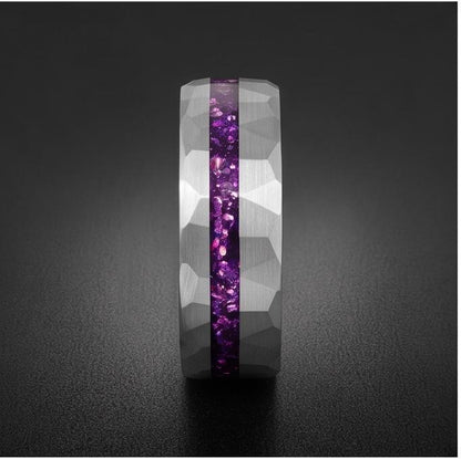 Men Silver and Purple Amethyst Ring ~ Hammered Tungsten Wedding Ring ~ Unisex Promise Ring ~ Men Wedding Band ~ Anniversary R