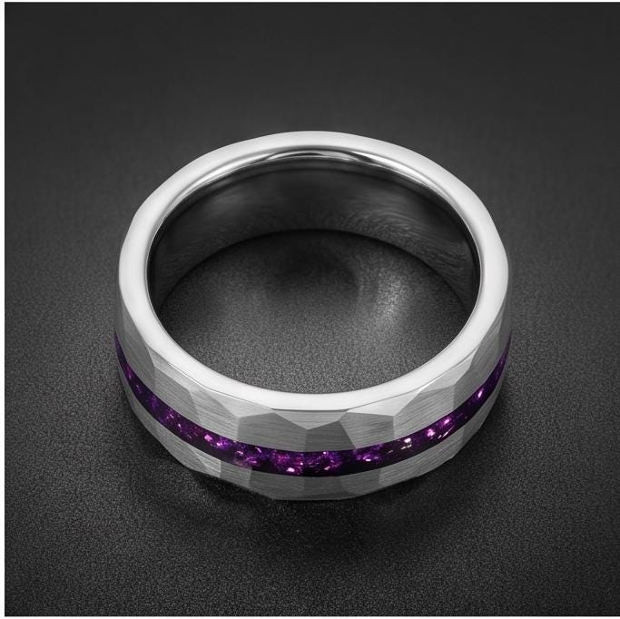 Men Silver and Purple Amethyst Ring ~ Hammered Tungsten Wedding Ring ~ Unisex Promise Ring ~ Men Wedding Band ~ Anniversary R
