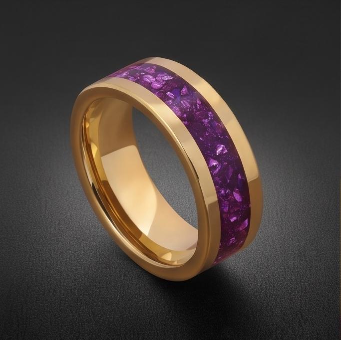 Gold Tungsten Carbide Ring with Amethyst | 4mm, 8mm Thin / Thick Wedding Band | Unisex Anniversary Promise Gift for Her or Hi